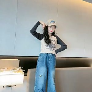 Jeans for Kids Pants for Kids Girl Baggy Pants Wide Leg Korean Fashion High Waisted Elastic Waistline 130-160CM