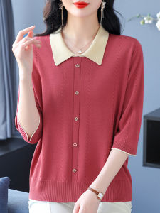 Silk Blend Mid-Sleeve T-Shirt Womens Spring Summer Loose Fit Fashionable Top Mommy Style Knitted Slimming Large Size Shirt