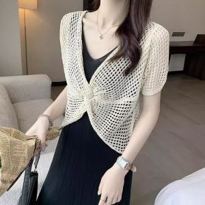 Summer New Ice Silk Knitted Hollow out Cover up Women Top Shoulder Style with Skirt Strap Thin Korean Version Loose Fit V Neck