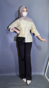 Zavora OOTD Talea Blouse kemeja Lipit 3in1 Set Remaja Kekinian ( Bella Square + Blouse + Celana Cutbray ) Setelan ala Korean Style - SET AB473