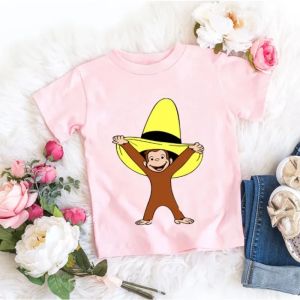 Bandai | Girls New T-shirts Curious Cartoon Monkey Print Childrens Clothing Summer Tees Girls Tshirts Pink Short-sleeved Tops