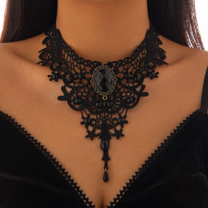 KunJoe Gothic Hollow Out Black Lace Choker Necklace Women Vintage Punk Red Blood Drop Pendant Necklace Halloween Neck Chain New