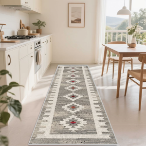 VIKAMA Neutral Tribal Geometric Runner Rug Non-Slip Washable Floor Mat for Living Room Hallway Kitchen Home Decor