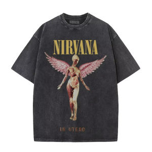 Nirvana rock band mens Retro cotton Washed Tee In Utero album man Womens oversized Y2K distress Tshirt Casual Loose streetwear