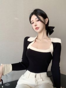 GUZILIAN | Slimming French Style Square Collar Womens T-shirt Fashionable Cool Sweet Style Autumn Winter Solid Color Commute Trend