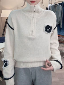 QINGNAER | Semi-zip High Collar Knit Sweater Cartoon Patch Large Size