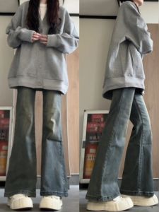 กางเกงยีนส์ทรงหลวมเอวสูงสไตล์ย้อนยุคอเมริกันสำหรับผู้หญิง กางเกงขายาวทรงตรงบานเล็ก ทรงสลิมฟิต ทรงหลวม ฤดูใบไม้ร่วง/ฤดูหนาว