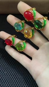 LZD European and American Emerald Crystal Stone Geometric Antique Enamel Drip Glazed Open Green Leaves Female Ring Ring Shank