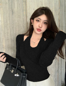 Áo Len Dệt Kim Cổ Treo Màu Xám Cho Nữ Mùa Thu 2025 Dáng Ôm Vừa Vặn Ngắn Giả Hai Mảnh Áo Len Cơ Bản Kiểu Dáng Thông Thường