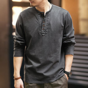 Premium Retro Cotton Henley Shirt Long Sleeve
