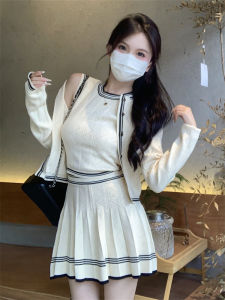 College Style Knitted Cardigan And Strap Set Tea Color Autumn Outfit Whole Set Small Size Milk Color Three Piece Set