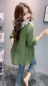 2025 Ruffles Beaded Mid Length Long Length T-shirt Shirt Womens Half Sleeve Slim Fit Slimming Tops Ice Silk Chiffon Shirt Fashion