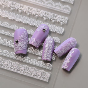 1Pcs 5D Embossed White Lace Stripe Nail Stickers Exquisite Lace Self-Adhesive Nail Decals for Wedding Dating Nail Art Deocration