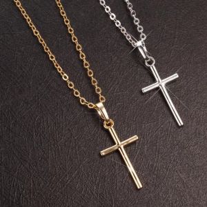 Fashion Christian Jesus Cross Necklaces Silver Color Long Chain Simple Pendants For Women Men Jewelry Gifts Dropshipping