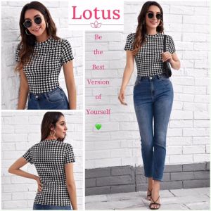 Lotus] Áo Thun Nữ Đẹp Hoạ Tiết Houndstooth Màu Đen Trắng Dễ Phối Với Quần Jeans Và Chân Váy/ Áo Kiểu Tay Ngắn Cổ Tròn Form Ôm Body Tôn Dáng
