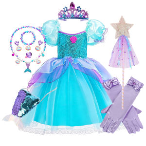 Mermaid Costume Short Sleeve Summer Dress with Crown Necklace Gloves for Kids Beach Carnival Party Cosplay