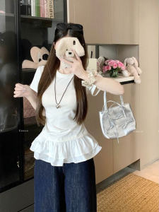 Slim Fit Short Sleeve T-Shirt Women Summer 2025 New Style round Neck Puffy Half Sleeve Top Korean Style Commute Fashion