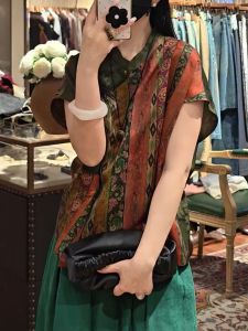 QINGNAER | Áo Blouse Tay Ngắn Họa Tiết Hoa và Hình Học Phong Cách Trung Quốc Dành Cho Người Mũm Mĩm