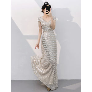 New High-class Evening Dress Silver Sequin Long Gown