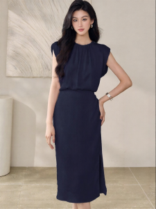 Roey s house | Deep Blue Waist Accentuating Round Neck Satin Midi Dress