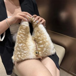 Winter Plush Deer Print Tote Bag Large Capacity Triangle Shoulder Bag with Gold Ball Charm Faux Fur Warm Handbag for Women