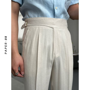 High Waist Linen Casual Pants Mens Spring Summer Breathable Comfortable Fashion Business Casual Trousers Light Beige