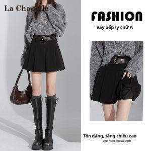 La Chapelle | Chân Váy Mini A-line Cao Waist Gấp Nếp Len Đen