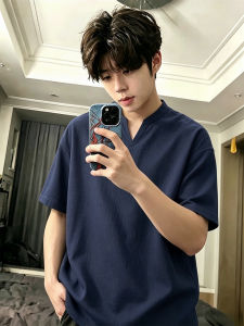 LIUBU | Navy Blue Linen V-Neck Short Sleeve Elegance and Stylish T-Shirt