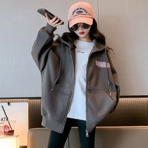 Girls Baseball Jacket Autumn Winter Fleece Lined Hoodie Zipper Closure Cotton Blend Korean Style Childrens Outerwear