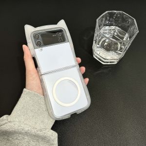 Korean Style Magnetic Transparent Cat Ear Phone Case for Samsung Galaxy Z Flip6 Full Cover Anti-Fall Soft Silicone Protective Shell