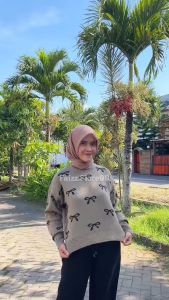 Oneset Amna Crop Top Knits Sweater Motif Pita Setelan Celana Kulot Rajut Premium Wanita Lengan Panjang Kekinian