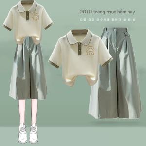 ชุดสองชิ้นแฟชั่นฤดูร้อนสำหรับผู้หญิง แขนสั้น POLO เสื้อคอโปโล + กางเกงขายาว 7 ส่วน ชุดสองชิ้น ชุดกระชับสัดส่วน