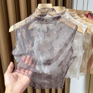 Lace Collar Sleeveless Blouse High Neck Mesh Vest