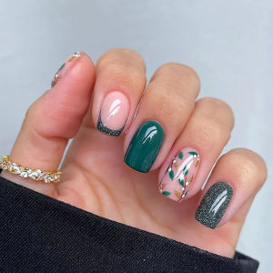 24 Móng Tay Giả Ngắn Hình Vuông Dán Trực Tiếp Có Thiết Kế Lá Xanh Chất Liệu Acrylic Bao Phủ Toàn Bộ Dễ Dùng Dành Cho Nữ