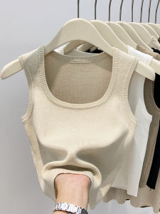 Short High Waist Knitted Vest Womens Square Collar Sleeveless Early Autumn New Style Belly Design Slim Fit Pure Color Commute Style