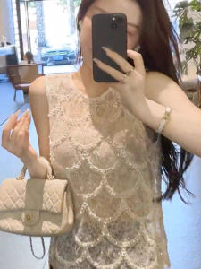 chaqi | Elegant French Lace Strap Vest Womens Outerwear Summer Inner Match Beautiful Shoulder Pad Heavy Embellishment Sleeveless Top