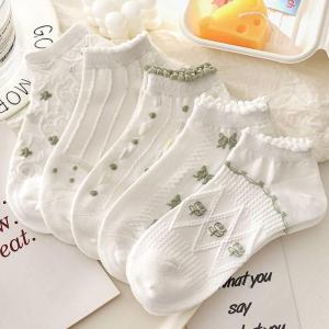 สีขาว ลูกไม้ ถุงเท้าเรือสั้นแบบบางที่มองไม่เห็น ฤดูร้อน สไตล์แฟชั่นวิทยาลัยญี่ปุ่น อินเทรนด์ ถุงเท้า โพลีเอสเตอร์ ผ้าฝ้าย เบลนด์