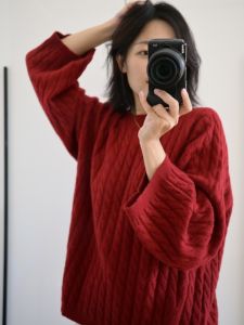 Nordic Style Womens Oversized round Neck Cashmere Sweater Lazy Style Wide Sleeve Red Christmas Vintage Tote*m Twist New Model