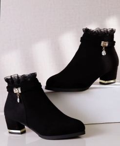 Korean Fashion Suede Ankle Lace Zipper Short Boots with Heels For Women and Girls School