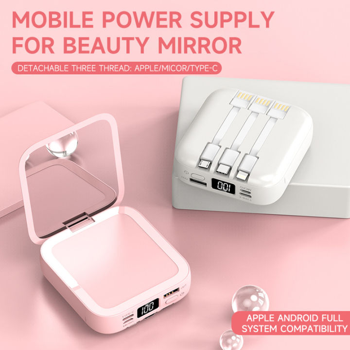 Portable 20000mAh Powerbank with Makeup Mirror Built in 3 Cables 3.1A