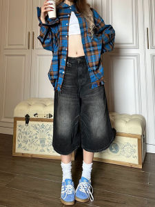 High Waist Wide Leg Denim Shorts for Women Summer New Style Vintage Loose Fitting Straightcut Seventh Length Shorts