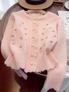 WANGGONGZHU | Elegant Embroidered Lace Knitted Open Cardigan Womens Autumn Winter French Design Style Sweater Loose Fit Long Sleeve Round Neck