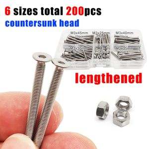 200pcs/box Long M3 Allen Hexagon Hex Socket Head Cap Button Countersunk Flat Thin Screw Bolt Nut Set Kit 304 A2 Stainless Steel