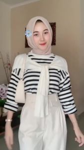 ALLIKA Stripe Knit Baju Atasan Blouse Wanita Sweater Rajut Syal menyatu korean style