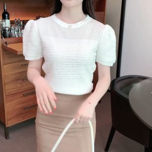FRAN Summer Round Neck Short Sleeved Knitted Top Women Bubble Sleeve Slim Fit T-shirt