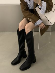 Retro Brown Long Tube Knight Boots Womens Fall Fashion Slim Straight Tube Inner Heightening Boots Waterproof Platform Zipper Closure