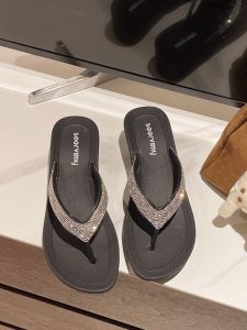 Womens Summer Fashion Thick Bottom Diamond Buckle Slippers Anti-Slip Casual High Heel PVC Material Easy to Wear