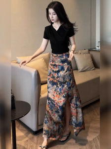 DANTING | New Chinese Style Retro Fashionable Brown Blouse with Floral Print Skirt Set