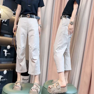 กางเกงยีนส์ทรงตรงเอวสูงขาบานสำหรับผู้หญิงไซส์ใหญ่ กางเกงยีนส์ทรงสลิมฟิตสำหรับฤดูร้อน กางเกงขายาวทรงหลวมๆ สไตล์เกาหลี