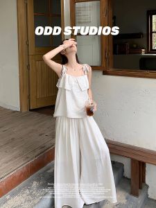 Comfortable Linen Cotton Camisole Top Wide Leg Pants Two Piece Set Loose Fit Summer Fashion Outfit Student Work Uniform